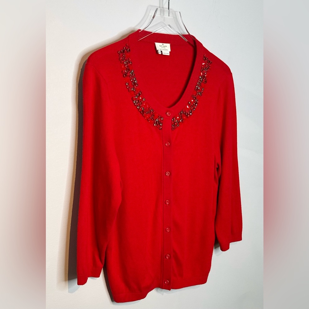 Kate Spade Caroline Vibrant Red Rhinestone Trim Wool Blend Cardigan Sweater Top - Picture 4 of 12